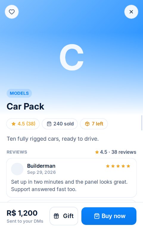 A product page with options and Buy and Gift buttons