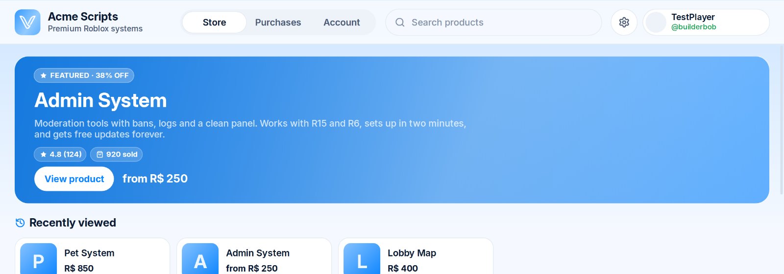 A Vendora store hub in Roblox: store header, a featured product on sale and categories